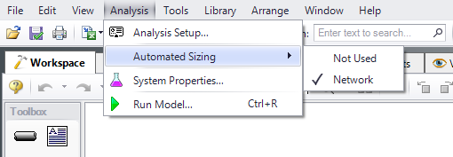 Selecting the Network option for Automated Sizing from the Analysis menu.